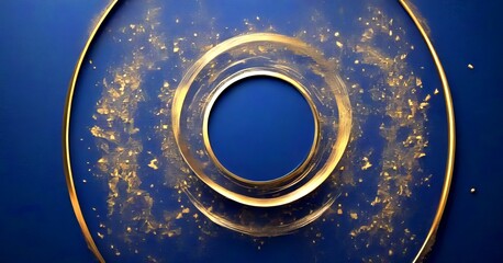 Fototapete - a circular design with a gold ring at its center, set against a dark blue background The ring is surrounded by a scattering of gold glitter, creating a sense of depth