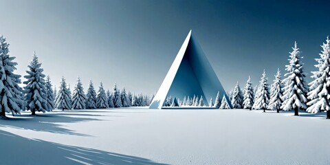 Poster - A large, white, triangular structure stands in a snowy landscape, surrounded by snow-covered trees and casting long shadows on the snow-covered ground
