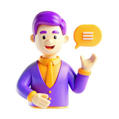 Poster - A colorful cartoon figure with purple hair and attire, symbolizing communication. The character gestures towards a speech bubble, creating a friendly atmosphere.