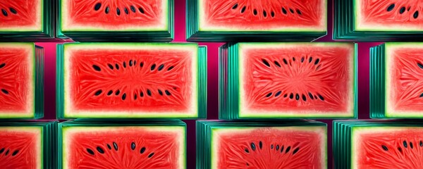 Poster - A grid of vibrant watermelon slices, each revealing its juicy interior and black seeds, creating a visually striking and appetizing display