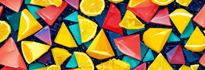 Poster - A vibrant and playful arrangement of various fruit slices, including oranges, lemons, and limes, against a dark background with water droplets