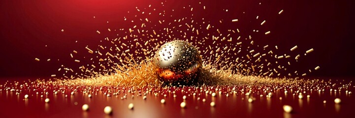 Fototapete - A metallic sphere is captured in a dynamic moment, with a shower of golden particles surrounding it, set against a deep red background