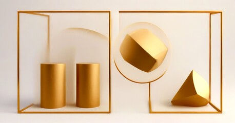 Poster - a minimalist geometric composition featuring three cylindrical objects, two spheres, and a triangular prism, all enclosed within a gold-framed structure