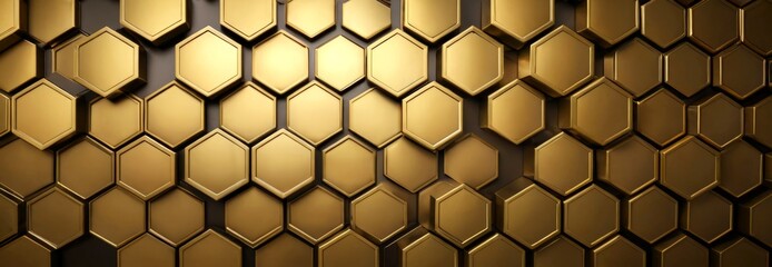 Poster - a repeating pattern of golden hexagonal shapes arranged in a grid-like fashion against a dark background