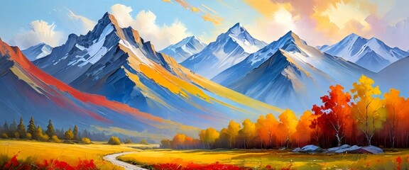 Leinwandbilder - A vibrant landscape painting a mountainous backdrop with snow-capped peaks, a winding road, and a colorful autumnal forest in the foreground