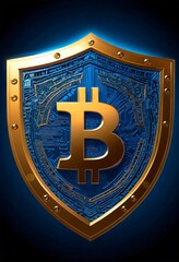 Leinwandbilder - a shield-shaped logo with a golden Bitcoin symbol in the center, set against a dark blue background