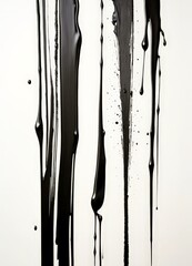 Poster - a vertical arrangement of black paint drips against a white background, creating a striking contrast and dynamic visual effect.