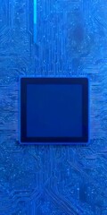 Fototapete - a tablet with a blank screen, set against a backdrop circuit board with intricate blue lines and patterns