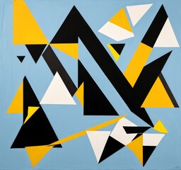 Poster - an abstract painting featuring a geometric composition of triangles in various shades of yellow, black, and white against a blue background