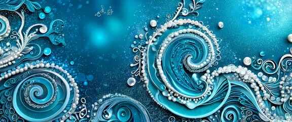 Fototapete - a captivating abstract art piece featuring a swirling pattern of blue and white elements, including waves, bubbles, and flowers, set against a deep