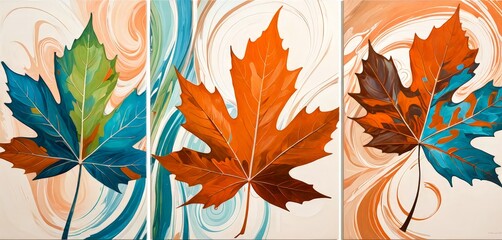 Poster - Three panels triptych painting, each featuring a large maple leaf in a different color: green, orange, and blue