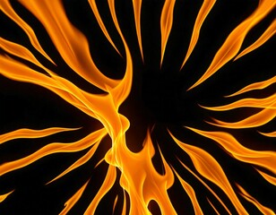 Poster - a close-up view vibrant, fiery flame against a black background The flame exhibits a dynamic and energetic appearance, with its orange and yellow hues radiating outwards