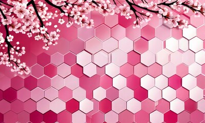 Aufkleber - A digital illustration pink and white hexagonal pattern overlaid on a pink and white floral background