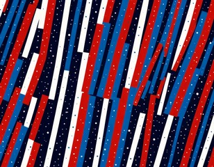 Poster - a vibrant abstract pattern composed of diagonal lines in red, white, and blue, with white dots scattered throughout the design