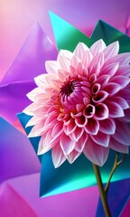 Poster - A close-up dahlia flower in full bloom, with its petals spread out in a beautiful display of pink and white hues against a vibrant purple and blue gradient background