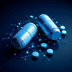 Poster - a pair of blue capsules with a network of interconnected lines and dots, suggesting a digital or technological theme
