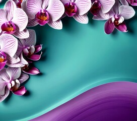 Aufkleber - A cluster of pink and purple orchid flowers arranged diagonally against a turquoise background