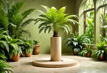 Poster - A lush indoor garden with a variety of tropical plants, including ferns and palm fronds, is set against a green wall and a large arched window