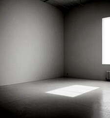 Poster - A minimalist black and white photograph large, empty room with a window on the right wall, casting a shadow on the floor