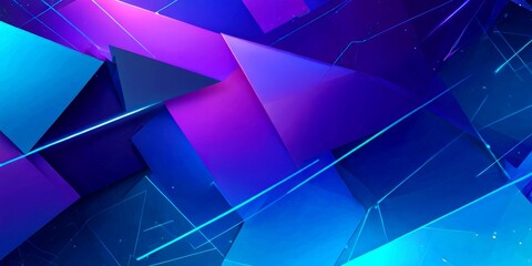 Poster - a complex arrangement of overlapping triangular shapes in various shades of blue and purple, with a subtle gradient effect The background is filled with a network of