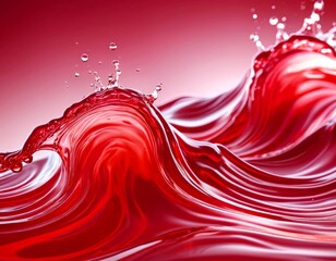 Poster - a close-up view red liquid, possibly wine or a similar beverage, with a wave-like pattern and small droplets scattered throughout, creating a dynamic and visually