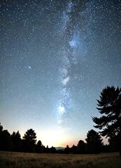 Poster - The Milky Way Galaxy stretches across the night sky, its spiral arms visible against the backdrop starry sky The field below is dotted with trees, their silhouettes