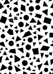 Poster - a repeating pattern of black and white geometric shapes, including triangles, rectangles, and circles, arranged in a random, haphazard manner.