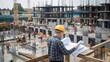© Deedyy - A construction foreman in a yellow hard hat, looking over blueprints with a blurred construction site and workers in the background