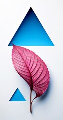 Poster - A pink leaf with a thin stem is positioned in the center white background, surrounded by two blue triangles