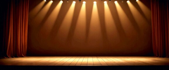 Aufkleber - A dimly lit stage with a wooden floor and a red curtain, illuminated by a series of spotlights