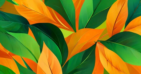 Poster - a vibrant digital illustration featuring a dense arrangement of tropical leaves in shades of green, orange, and yellow, creating a lush and tropical atmosphere