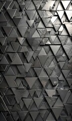 Fototapete - a close-up view wall composed of numerous triangular tiles arranged in a repeating pattern The tiles are black and have a rough texture, creating a visually striking