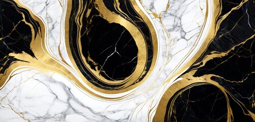 Poster - a marble surface with a striking abstract pattern of black and white swirls and gold lines