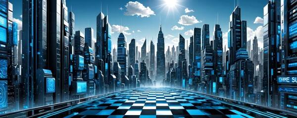 Poster - A futuristic cityscape with tall buildings, neon lights, and a checkerboard-patterned road leading to a bright sun in the sky