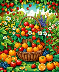 Poster - A vibrant illustration basket overflowing with a variety of fruits, including oranges, strawberries, and blueberries, set against a lush garden backdrop