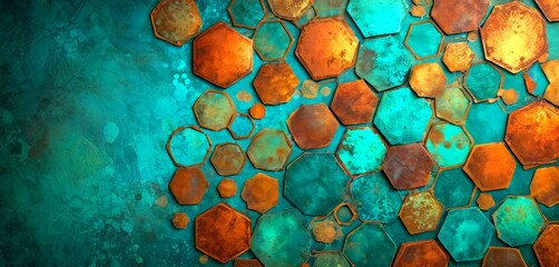 Leinwandbilder - a vibrant abstract pattern composed of various shades of orange, green, and brown hexagonal tiles arranged in a grid-like fashion against a dark blue-green background