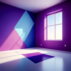 Poster - A minimalist room with a large window, purple walls, and a geometric pattern on the left wall