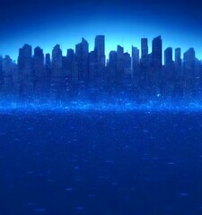 Poster - The city skyline at night, with tall buildings silhouetted against a dark blue sky