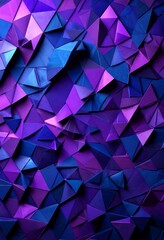 Poster - a geometric pattern composed of numerous overlapping triangular shapes in various shades of purple and blue, creating a visually striking and