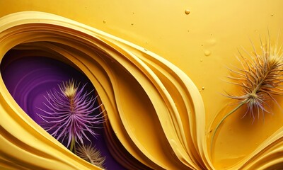 Aufkleber - a close-up view purple flower with yellow petals, set against a vibrant yellow background with subtle water droplets