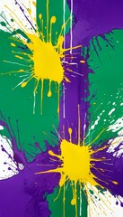 Poster - an abstract painting featuring splashes of yellow and purple paint on a green background