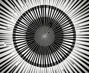 Fototapete - a striking black and white abstract composition featuring a central circular design with radiating lines and a central point, creating a sense of depth and movement