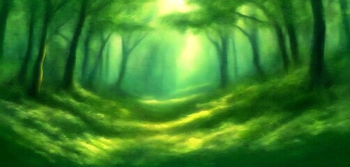 Poster - A serene forest scene with a winding path, lush green foliage, and sunlight filtering through the trees