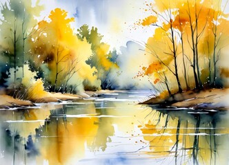 Poster - A watercolor painting depicting a serene autumn landscape with a calm river reflecting the vibrant colors of the trees