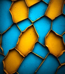 Poster - a close-up view textured surface composed of overlapping yellow and blue tiles arranged in a grid-like pattern