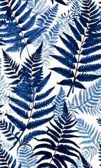 Aufkleber - a repeating pattern of fern leaves in shades of blue and white, creating a visually striking and harmonious design