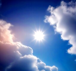 Aufkleber - A bright sun shines through a sky filled with fluffy white clouds, creating a serene and picturesque scene