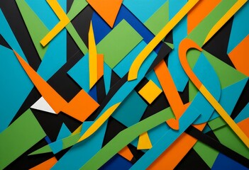 Aufkleber - an abstract composition featuring a variety of geometric shapes in different colors, including blue, green, orange, and yellow, arranged in a complex and