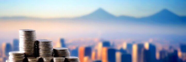 Leinwandbilder - Stacks of silver coins in the foreground, with a blurred cityscape and mountains in the background.