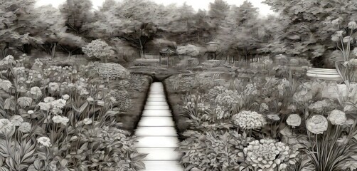 Leinwandbilder - A monochrome pencil drawing depicts a serene garden scene, featuring a winding path flanked by an array of flowers and trees The 's attention to detail and use of